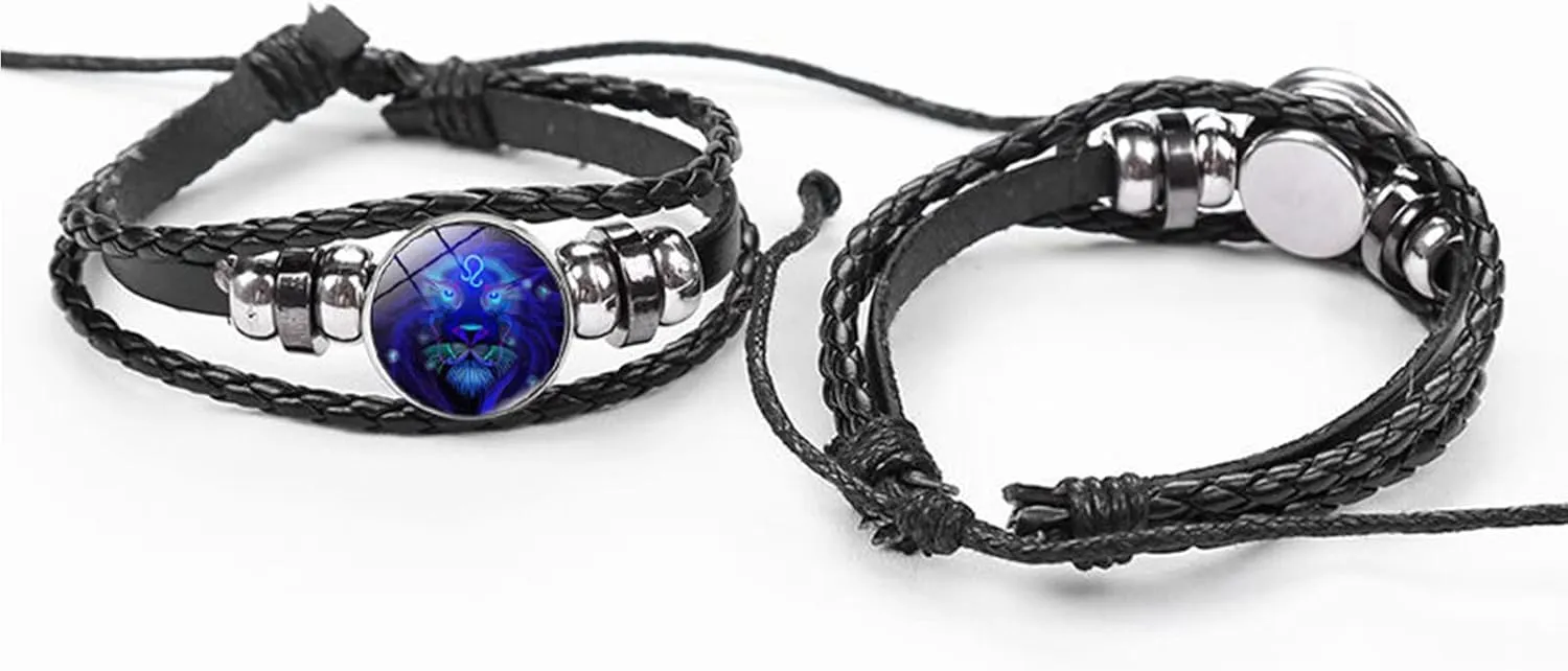 Zodiac Signs Spirit Bracelet Multilayer Adjustable 12 Constellation Black Leather Bracelet Handmade Woven Zodiac Sign Wrap Bracelet Birthday Jewelry Gifts for Women Men
