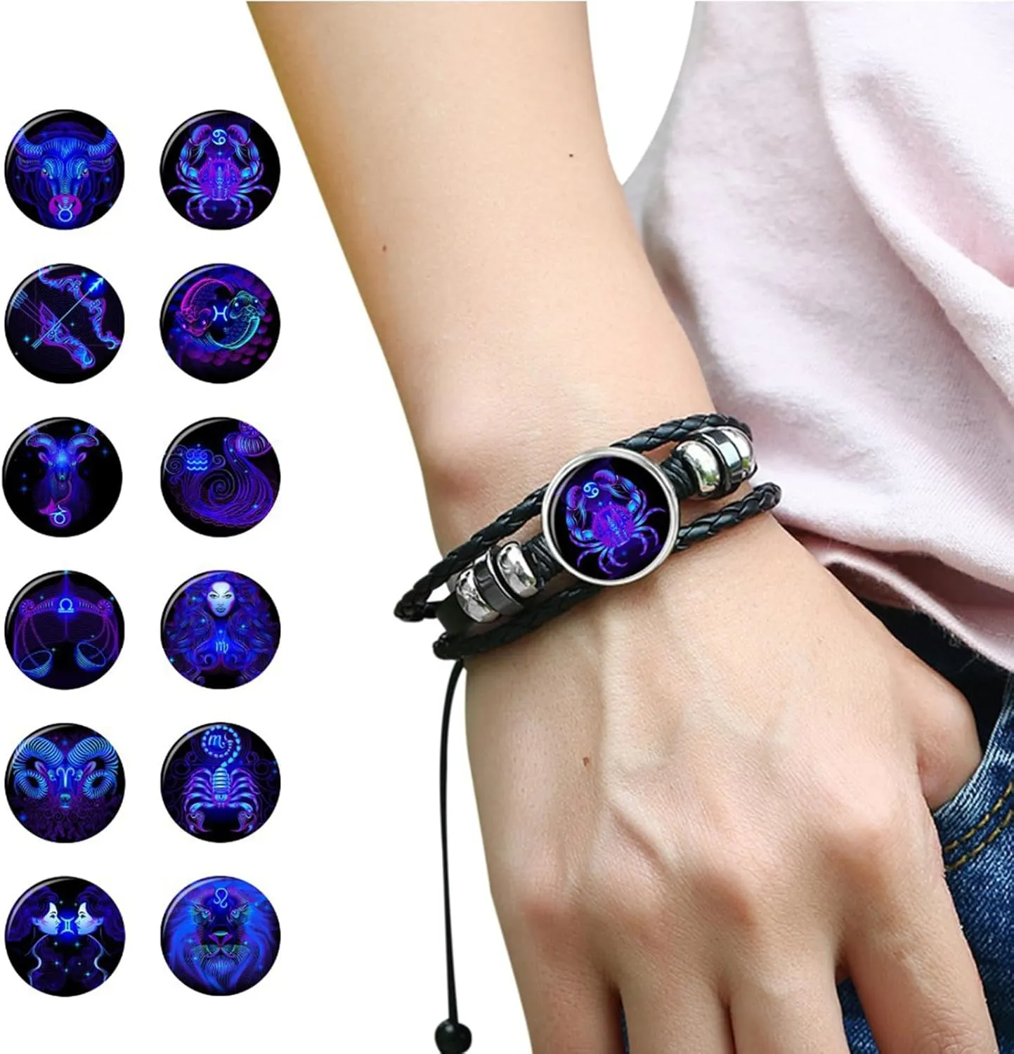 Zodiac Signs Spirit Bracelet Multilayer Adjustable 12 Constellation Black Leather Bracelet Handmade Woven Zodiac Sign Wrap Bracelet Birthday Jewelry Gifts for Women Men