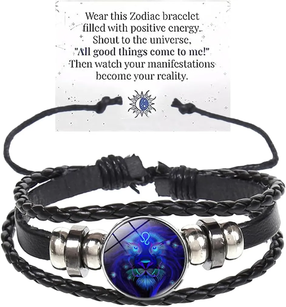 Zodiac Signs Spirit Bracelet Multilayer Adjustable 12 Constellation Black Leather Bracelet Handmade Woven Zodiac Sign Wrap Bracelet Birthday Jewelry Gifts for Women Men