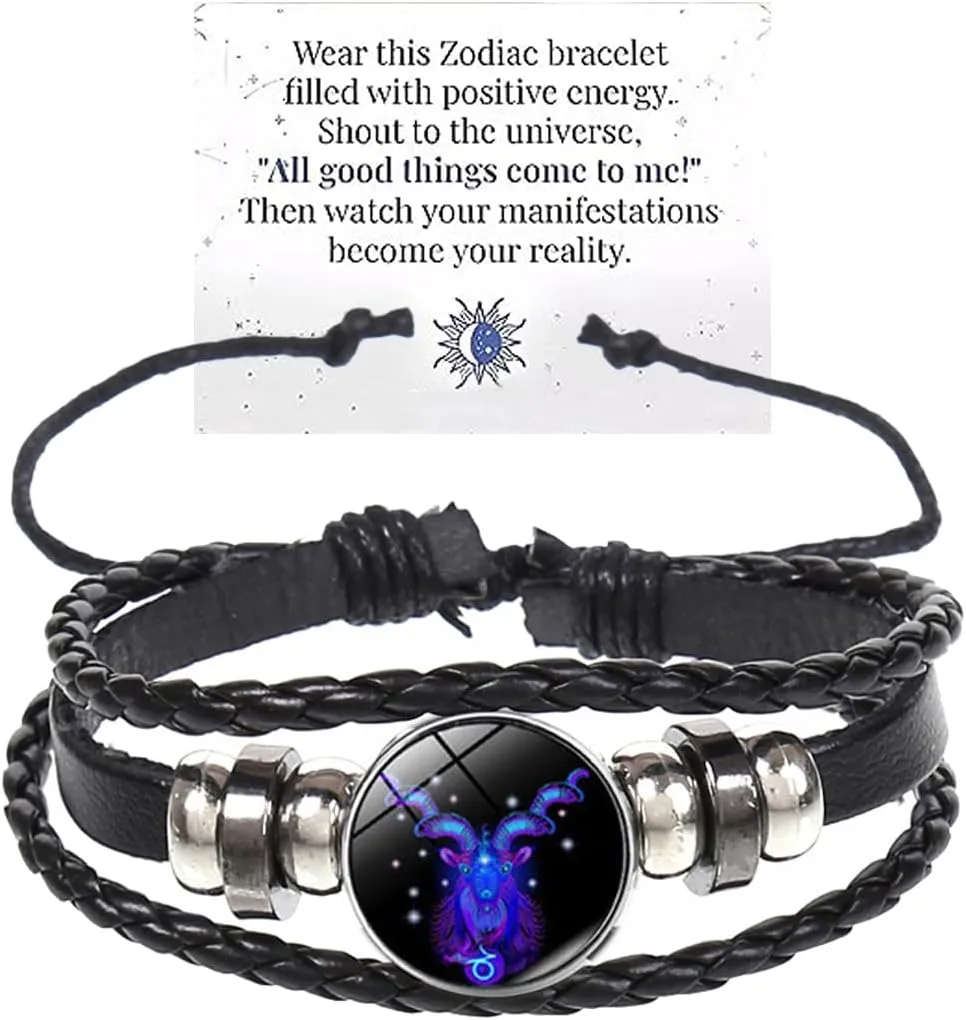 Zodiac Signs Spirit Bracelet Multilayer Adjustable 12 Constellation Black Leather Bracelet Handmade Woven Zodiac Sign Wrap Bracelet Birthday Jewelry Gifts for Women Men