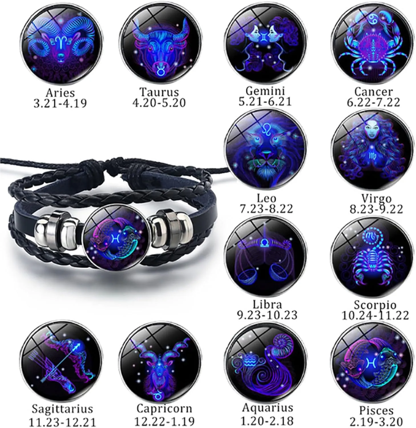 Zodiac Signs Spirit Bracelet Multilayer Adjustable 12 Constellation Black Leather Bracelet Handmade Woven Zodiac Sign Wrap Bracelet Birthday Jewelry Gifts for Women Men