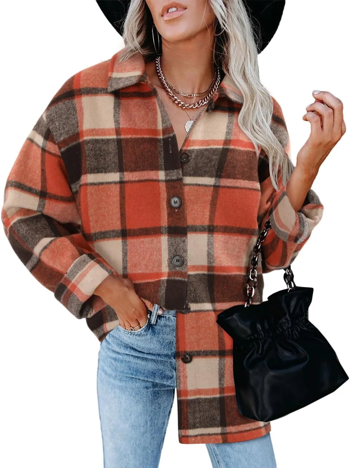 ZOLUCKY Womens Shackets Jacket Plus Size Long Sleeve Button Down Shirts Blouses Tops