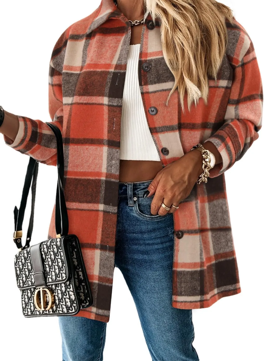 ZOLUCKY Womens Shackets Jacket Plus Size Long Sleeve Button Down Shirts Blouses Tops