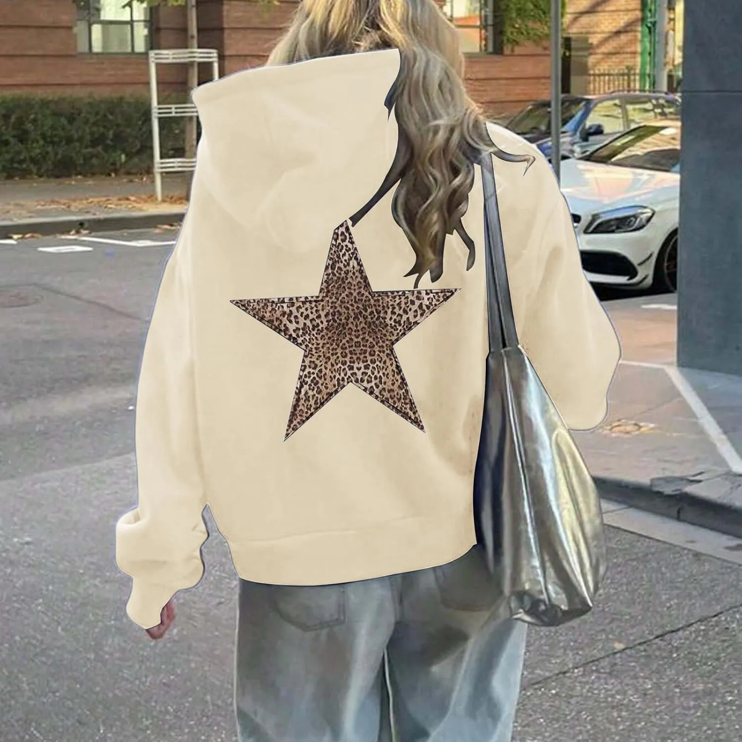 ZWRXW Oversized Graphic Hoodie Sweatshirt for Women Leopard Star Long Sleeve Pullover Sweater Fashion Y2K Outfits Tops