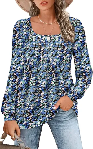 Zwurew Women's Puff Long Sleeve Shirts 2024 Trendy Scoop Neck Loose Fit Blouses Pleated Flowy Tunic Tops S-2XL