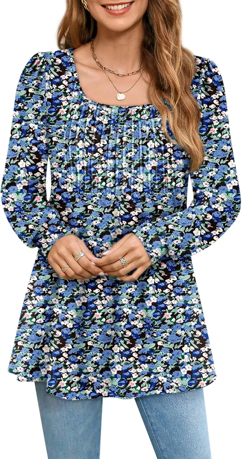 Zwurew Women's Puff Long Sleeve Shirts 2024 Trendy Scoop Neck Loose Fit Blouses Pleated Flowy Tunic Tops S-2XL