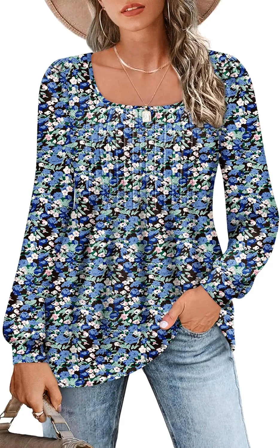 Zwurew Women's Puff Long Sleeve Shirts 2024 Trendy Scoop Neck Loose Fit Blouses Pleated Flowy Tunic Tops S-2XL
