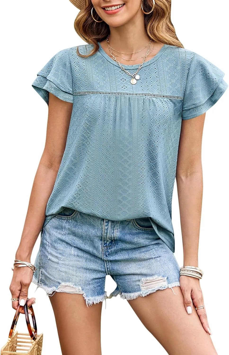 Zwurew Womens Summer Tops Crewneck Eyelet Ruffle Sleeve Blouses Casual Babydoll Shirts 2025 S-2XL