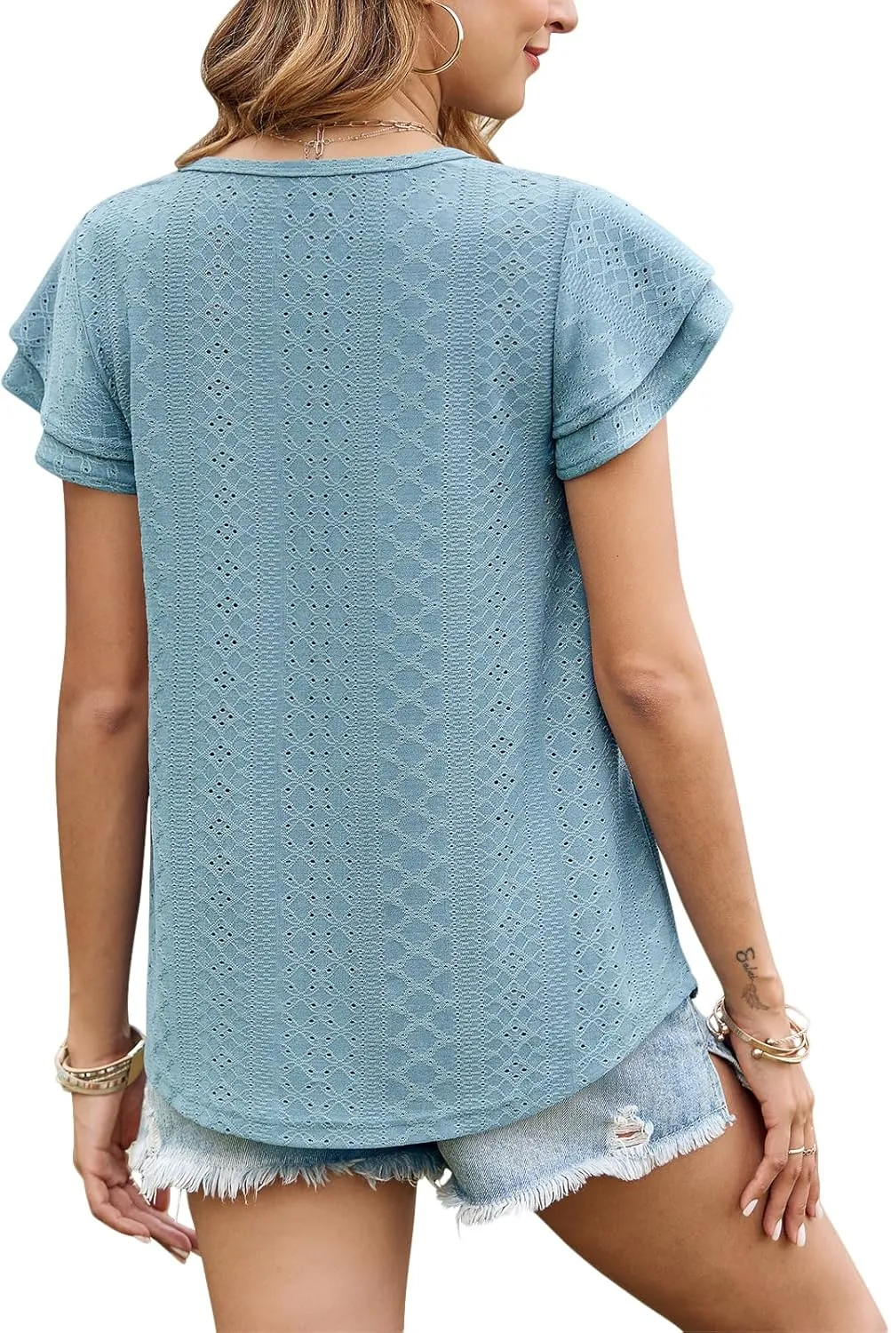 Zwurew Womens Summer Tops Crewneck Eyelet Ruffle Sleeve Blouses Casual Babydoll Shirts 2025 S-2XL