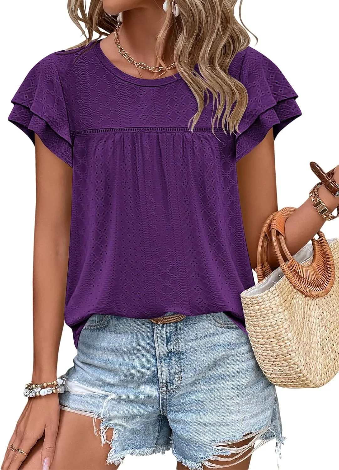 Zwurew Womens Summer Tops Crewneck Eyelet Ruffle Sleeve Blouses Casual Babydoll Shirts 2025 S-2XL