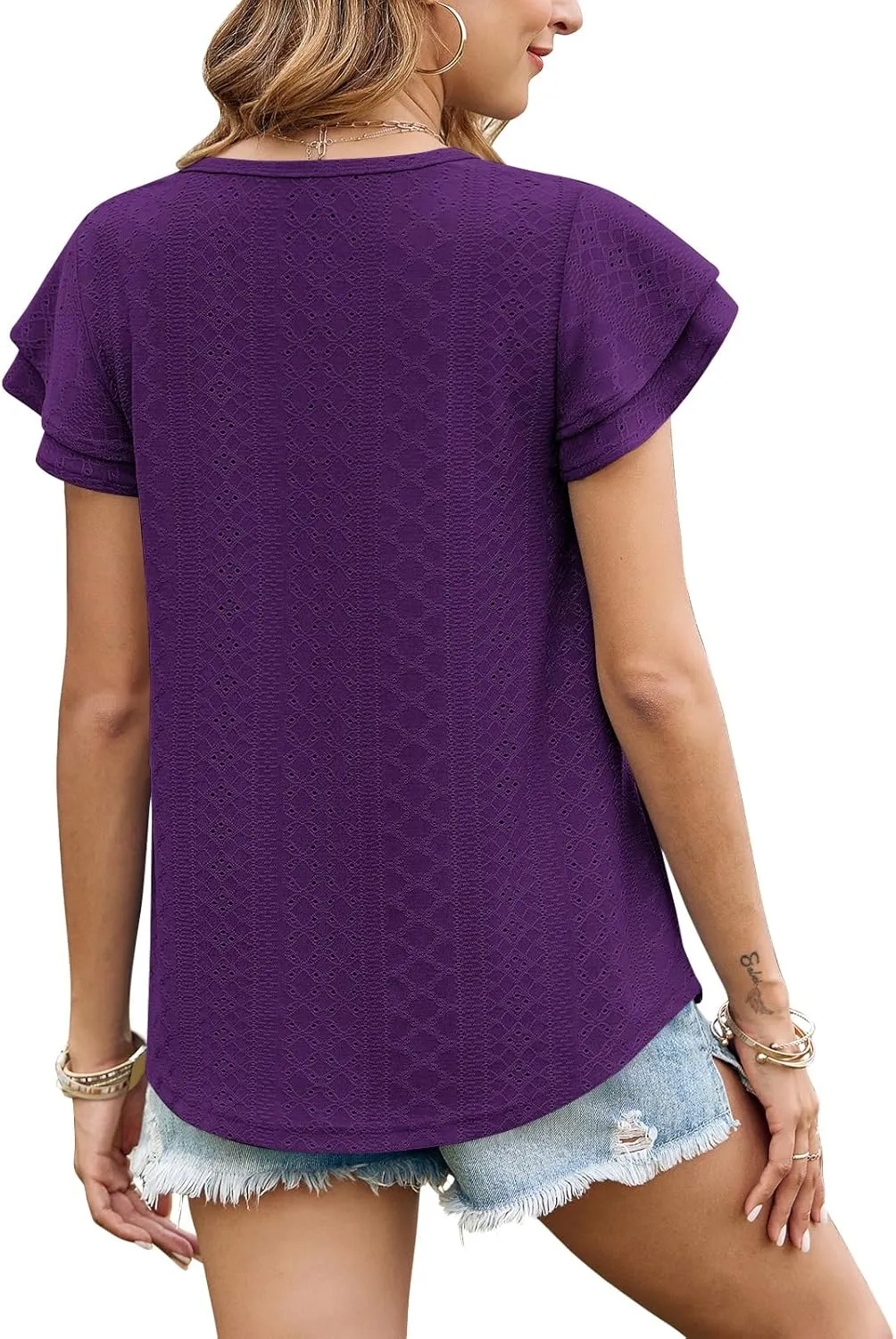 Zwurew Womens Summer Tops Crewneck Eyelet Ruffle Sleeve Blouses Casual Babydoll Shirts 2025 S-2XL