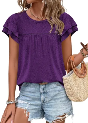 Zwurew Womens Summer Tops Crewneck Eyelet Ruffle Sleeve Blouses Casual Babydoll Shirts 2025 S-2XL