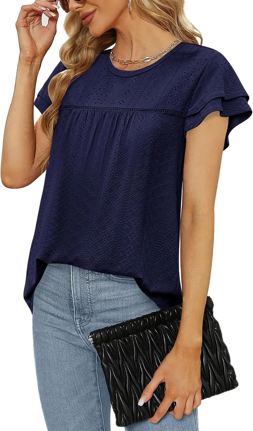 Zwurew Womens Summer Tops Crewneck Eyelet Ruffle Sleeve Blouses Casual Babydoll Shirts 2025 S-2XL