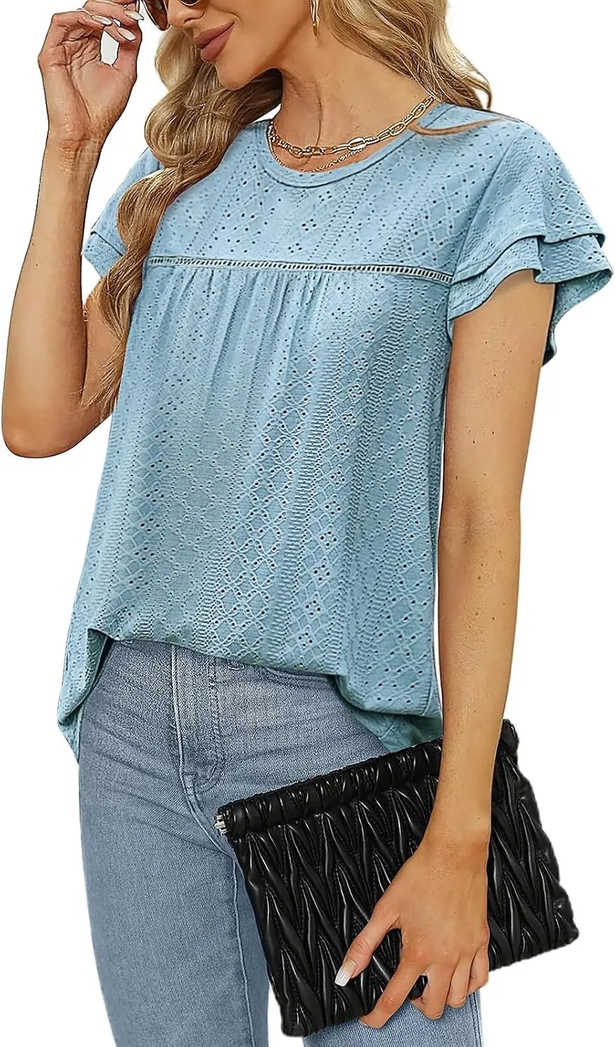 Zwurew Womens Summer Tops Crewneck Eyelet Ruffle Sleeve Blouses Casual Babydoll Shirts 2025 S-2XL