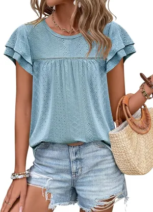 Zwurew Womens Summer Tops Crewneck Eyelet Ruffle Sleeve Blouses Casual Babydoll Shirts 2025 S-2XL