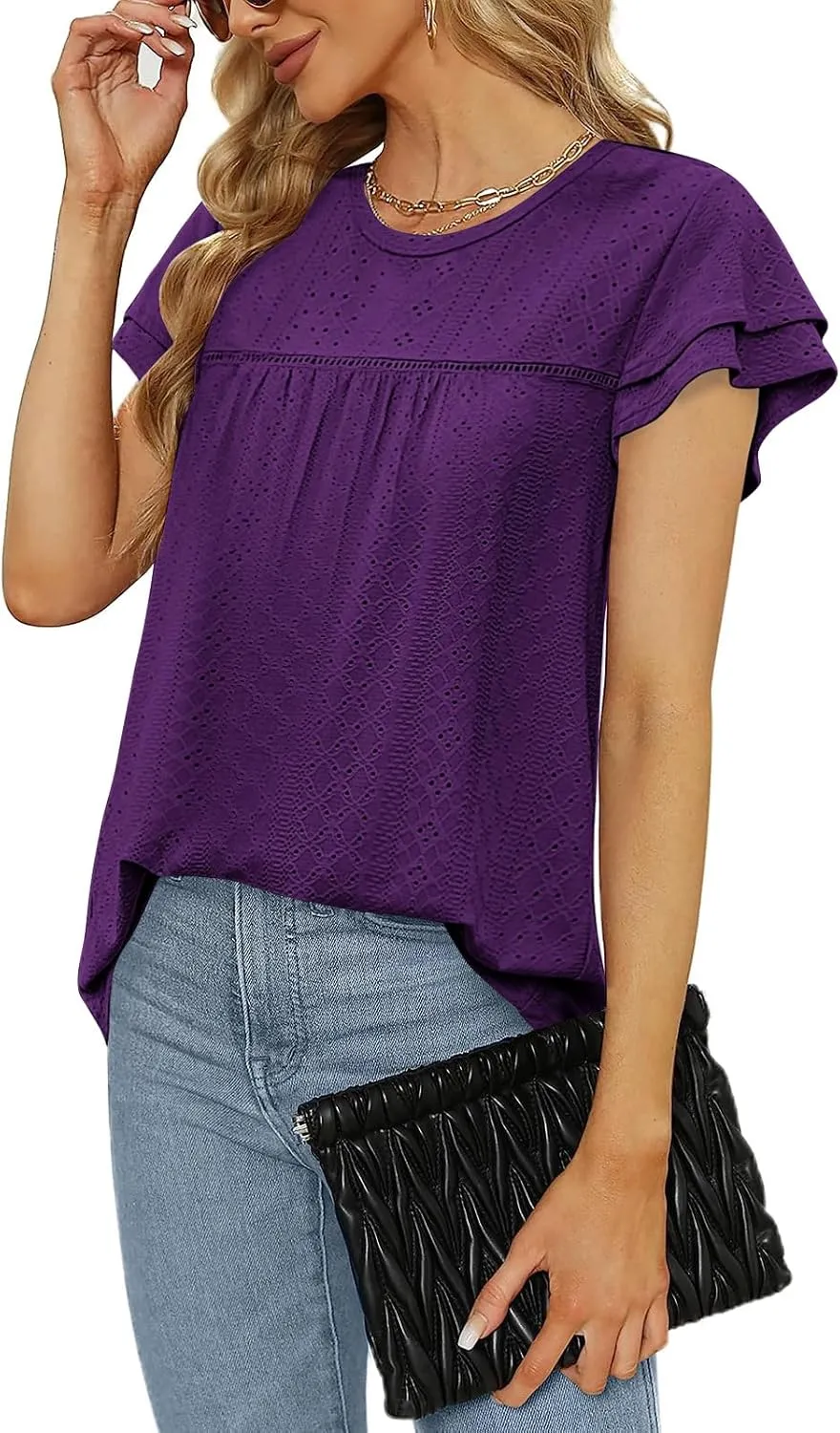 Zwurew Womens Summer Tops Crewneck Eyelet Ruffle Sleeve Blouses Casual Babydoll Shirts 2025 S-2XL